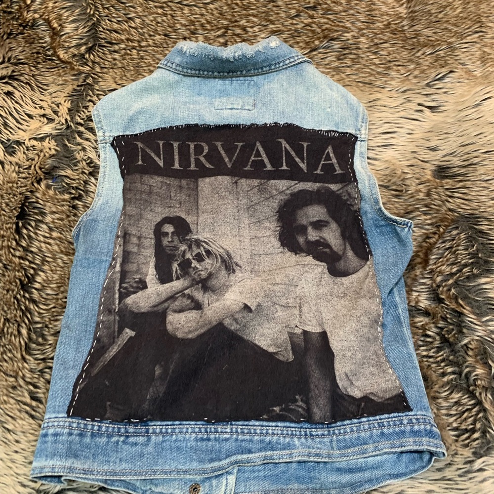 Dolled Up /Nirvana “Custom”Denim Vest Blue Cotton Distressed Zip Studded
Size M
